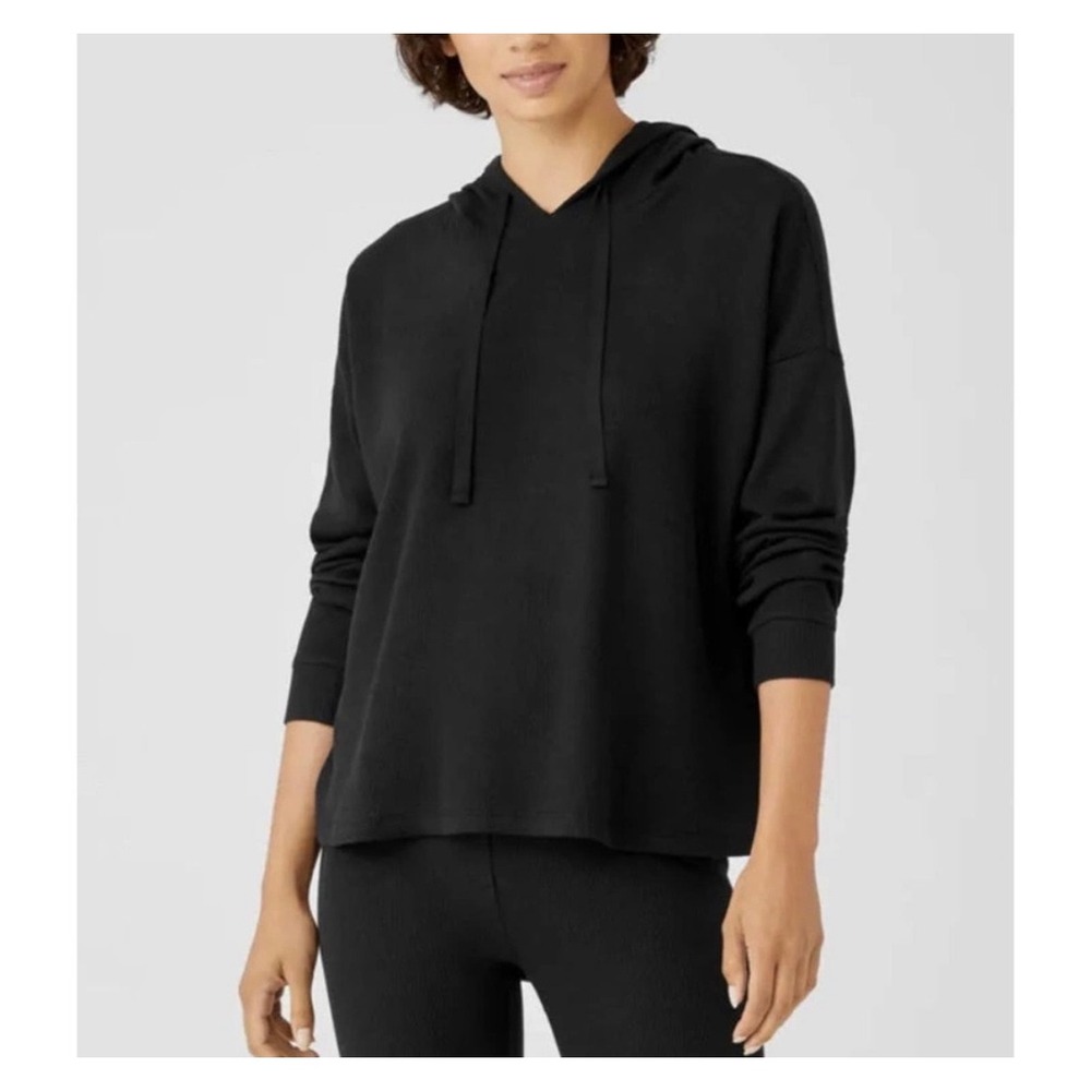 Eileen Fisher Cozy Waffle Knit Hooded Top Womens Lage Black Tencel Organic Blend